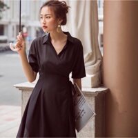 Đầm váy sơ mi đen đắp tà (kèm hình thật)