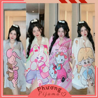 Đầm Váy Sơ Mi Mặc Ngủ Hoạt Hình Siêu Dễ Thương, Lụa Xước Mềm