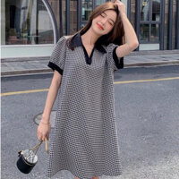 Đầm váy suông caro basic viền đen bầu bí mặc được