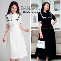 Đầm váy thiết kế Banamo Fashion 2 lớp phối viền ren cổ nơ thuỷ thủ 5926