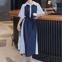 Đầm váy thiết kế xanh đen phối trắng thanh lịch