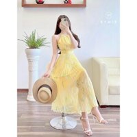 Đầm váy thời trang nữ mặc đi chơi chất voan hoa dập ly 2 lớp cổ yếm màu vàng váy xoè maxi chéo tà cho nàng đi biển
