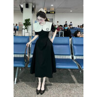 Đầm váy thời trang nữ mặc đi chơi chất tuyết mưa bèo trắng cổ lá tay búp ngắn vây xoè đi tiệc maxi màu đen