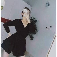 Đầm Váy Thời Trang Nữ Thiết Kế Sang Chảnh Cột Nơ Eo Ngực Đắp Chéo Dài Tay Chân Váy Bèo Xếp Tầng