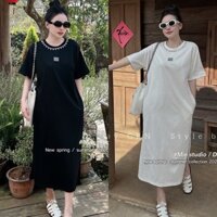 Đầm váy thun cotton thêu chữ miumiu dáng xuông cổ đính đá xẻ tà 2 bên xinh xắn, dễ thương S071