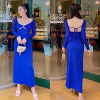 Đầm váy thun gân ôm body xanh dương tay dài hở/khoét/cut ngực, thời trang nữ quyến rũ gợi cảm kín đáo đi chơi du lịch