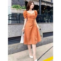 Đầm, Váy Tiểu Thư Màu Cam Dạng Xòe Rút Dây Hông Xinh Xắn