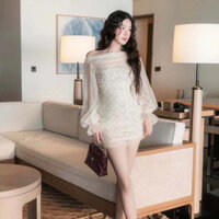 Đầm váy tơ lệch vai hờ dài tay phối ren dáng ngắn thân 2 lớp, Váy trễ vai tơ dài tay phối ren