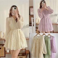 Đầm - váy tơ nhăn cổ trụ đứng kèm đai có 3 màu tiểu thư