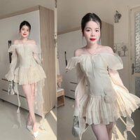 Đầm Váy Tơ Trễ Vai Kèm Dây Hoa Chiết Eo Xoè 3 Tầng Phong Cách Tiểu Thư Ngọt Ngào - meaclothes