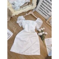 Đầm váy trắng xếp vạt chéo tà tay voan