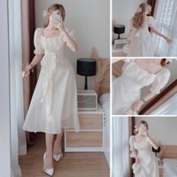 Đầm váy trắng xòe tiểu thư tay phồng xếp ly ngực (có mút) mặc đi dự tiệc, đám cưới siêu xinh T&H
