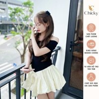 Đầm Váy Trễ Vai Phối Chân Váy Dáng Bí Xòe Mix Nơ To Tiểu Thư Xinh Xắn Siêu Đáng Yêu Kèm Tag Sang Chảnh