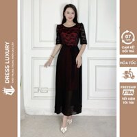 Đầm váy trung niên cho mẹ DRESS LUXURY PR dáng suông, tay lỡ phối ren, chiết eo thắt nơ thanh lịch