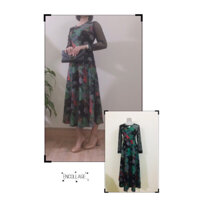 Đầm váy trung niên hoa dự tiệc dáng xòe phối tay lưới mã 285