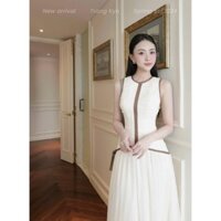 Đầm váy voan nữ sát nách phối đen mix chân váy xếp ly , set đầm váy cổ tròn nhún eo mix chân váy dài xoè