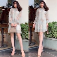 Đầm váy xanh bạc hà tiểu thư hoa vintage