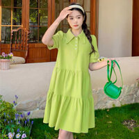Đầm váy xanh bơ cổ sơ mi dáng babydoll đáng yêu dạo phố