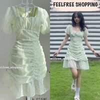 Đầm váy xanh lá feelfree nhạt hoa rơi 2 lớp nhún thân bèo mặc đi chơi,đi làm,du lịch, biển D059 (Ảnh, clip thật)