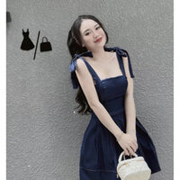 Đầm Váy Xòe 2 Dây Thắt Nơ Vải Jean Xếp Ly Đáng Yêu Dạo Phố BY7178