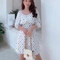Đầm váy xòe chữ A chấm bi tay ngắn viền bèo xinh đẹp