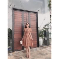 Đầm váy xòe lưới chấm bi tay phồng cổ nơ - vn172101