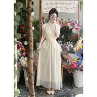 ĐẦM/ váy xòe nữ, áo cổ chéo vạt bầu đính hoa eo mix chân váy dáng dài,set nữ dễ thương sang trọn