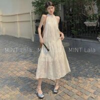 Đầm Váy Yếm Dài Tầng Xòe Nơ Cổ Vân Hoa Nổi Vintage - MINT Lala