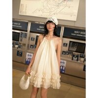 Đầm Váy Yếm Nữ Dự Tiệc Trễ Vai Trắng Tiểu Thư Cổ Yếm Ren Tầng, Váy Đầm Công Chúa Đi Biển 2 Dây Chân Váy Short Dáng Xòe