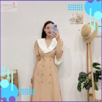 Đầm Vest Phối Cổ Trắng Nút Gỗ Siêu Xinh, Sang Chảnh, Trẻ Trung, Chất Mango May 2 Lớp Dày Mềm Mịn, Mát, Bền Đẹp