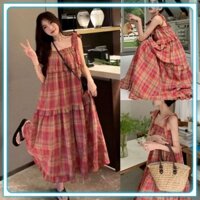 Đầm Vintage Hai Dây Buộc Vai Kẻ Đỏ Xếp Tầng Bèo, Váy 2 Dây Maxi Đi Biển Mùa Hè Chất Kẻ Đũi Thô_SP