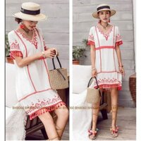 Đầm Vividini trắng hoa văn đỏ, size S