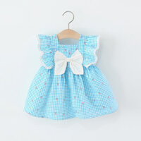 Đầm voan bé gái nơ trắng Váy ca rô màu xanh cho trẻ em Váy công chúa xù cổ vuông