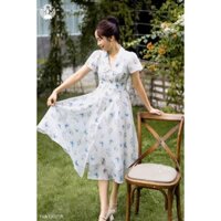 Đầm voan chiffon họa tiết hoa lá màu đầm xanh trắng trẻ trung thanh lịch cổ sơ mi cách điệu