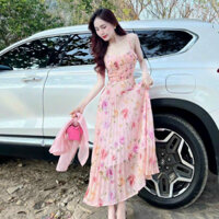 Đầm voan dài hai dây dập ly kèm áo khoác hai màu đầm hồng xanh trẻ trung chất voan xịn dày dặn kiểu đầm dự tiệc 054H