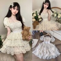 Đầm voan gân phối ren thời trang nữ nhẹ nhàng tiểu thư, áo ngắn tay họa tiết in hoa  váy ngắn xòe nhấn eo
