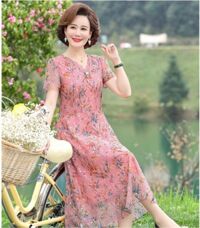 Đầm voan hoa cao cấp trung niên tặng mẹ đi dự tiệc - 2XL - HỌA TIẾT HỒNG