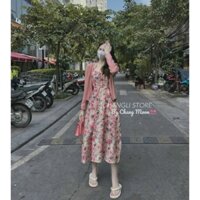 Đầm voan hoa có mút kèm khoác thun gân thời trang nữ áo dây cánh dơi khoác ngoài tay dài họa tiết in nhẹ nhàng