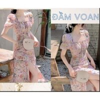 Đầm Voan hoa dáng dài tay phồng, cổ vuông nhún bèo chân váy xẻ tà điệu đà, nữ tính
