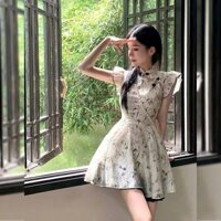 Đầm voan hoa mini cổ tàu tay cánh dơi phối quần lụa ý xinh xỉu phù hợp đi chơi đi tiệc Ht458