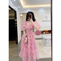 Đầm voan hoa nhí tay phồng cổ V đính ngọc trai dáng midi xinh xắn cho nàng tiểu thư bánh bèo đi chơi, đi biển đều xinh