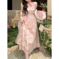 Đầm voan hoa phối lưới ngoài váy thời trang nữ áo dây sát nách họa tiết in váy đuôi cá dài nhẹ nhàng