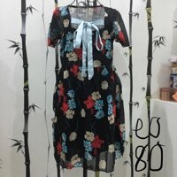 Đầm voan hoa thắt nơ cổ - đen