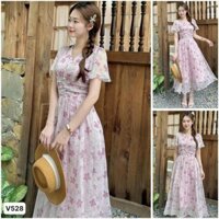 Đầm voan hoa tím xòe dài cổ V đi biển đầm voan hoa tím tay cánh tiên dáng xòe dài tiểu thư L MeiHouseVN