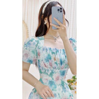 Đầm voan hoa xanh tiểu thư xoè tay phồng , xếp li ngực đính ngọc trai xinh xắn thích hợp đi chơi đi tiệc