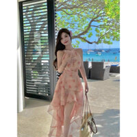 Đầm voan maxi hoa hồng chéo lưng đui tôm đi biển đi chơi cực xinh, đầm xinh đi biển,đầm cổ yếm đi chơi