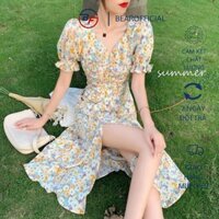 Đầm voan ngắn,đầm hoa nhí BEAROFFICIAL tay phồng tay ngắn cổ chữ v chiều dài trung bình phong cách cổ điển pháp