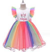 Đầm voan ngựa pony unicorn 1 sừng 7 sắc cầu vồng cho bé gái