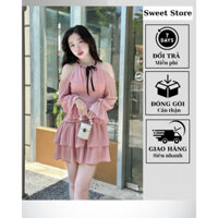 Đầm voan nhún tầng nơ cổ yếm tiếu thư nhẹ nhàng HDD36