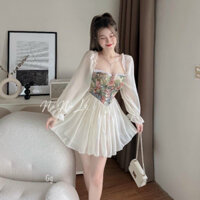 Đầm voan phối thổ cẩm cổ vuông tay dài dáng xòe ngắn xinh xinh , chất voan mềm mát